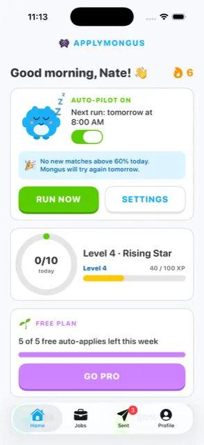 Home screen with daily streak, XP, and morning application run
